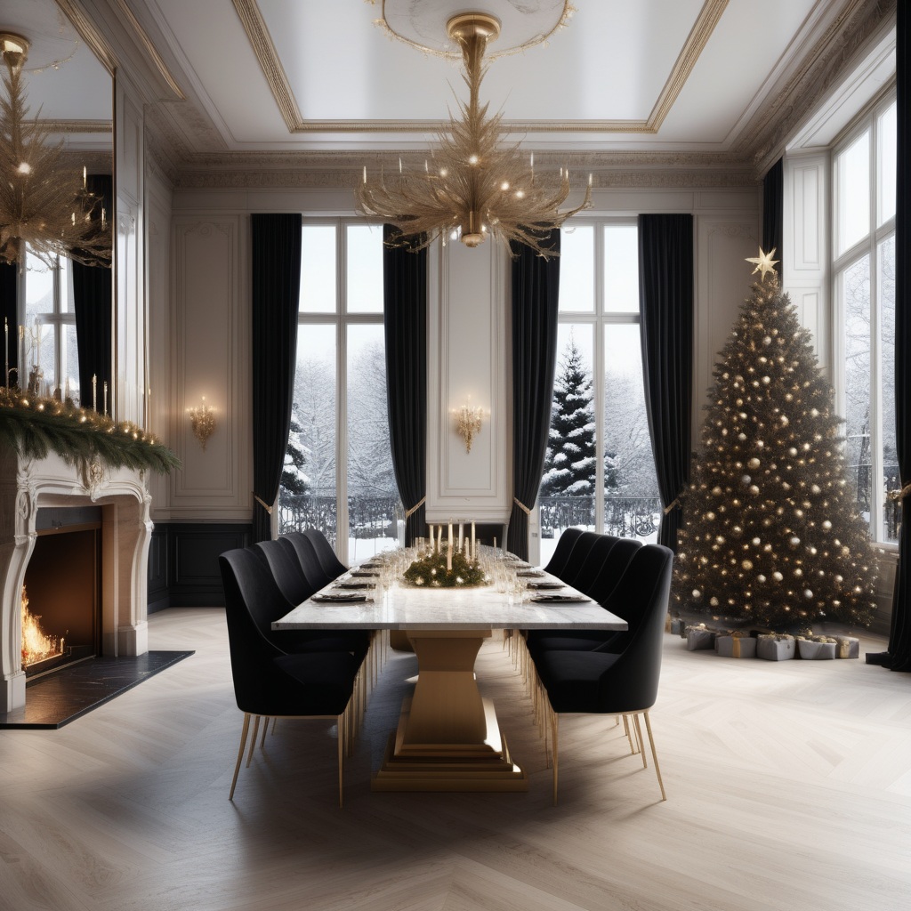 A hyperrealistic image of a grand, large,  Modern Parisian dining room at christmas time in a beige oak brass and black colour palette, with a large snowy balsam fir christmas tree in the corner of the room, a marble fireplace alight, a large, elegant 12 seat dining table, floor to ceiling windows with snow falling outside