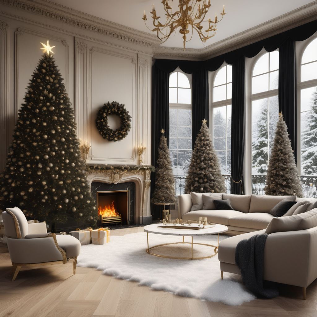 A hyperrealistic image of a grand, large,  Modern Parisian lounge room at christmas time in a beige oak brass and black colour palette, with a large snowy balsam fir christmas tree in the corner of the room, a marble fireplace alight, a large cosy sofa, floor to ceiling windows with snow falling outside