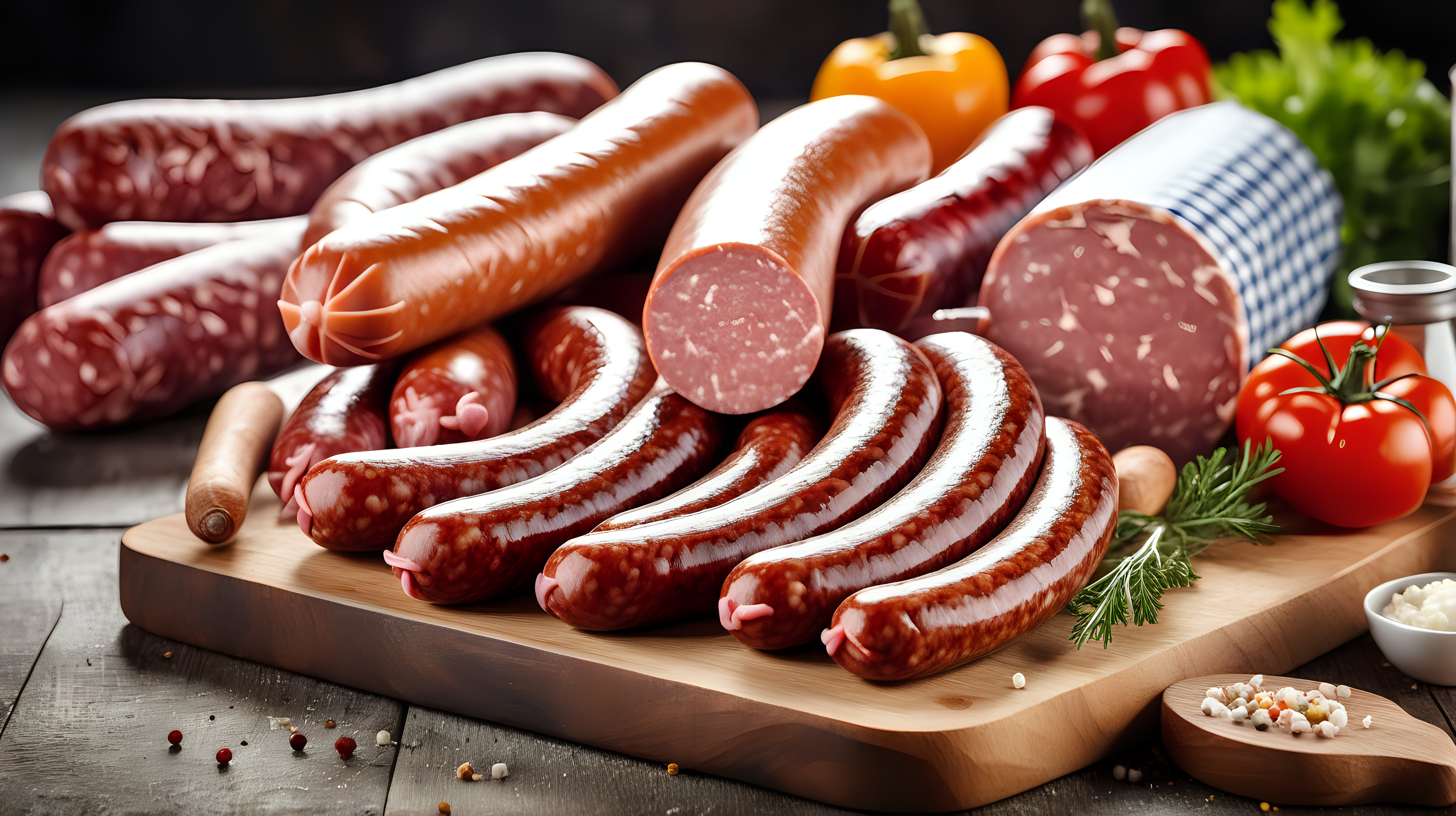 Variety of sausage products on cutting board, copy space