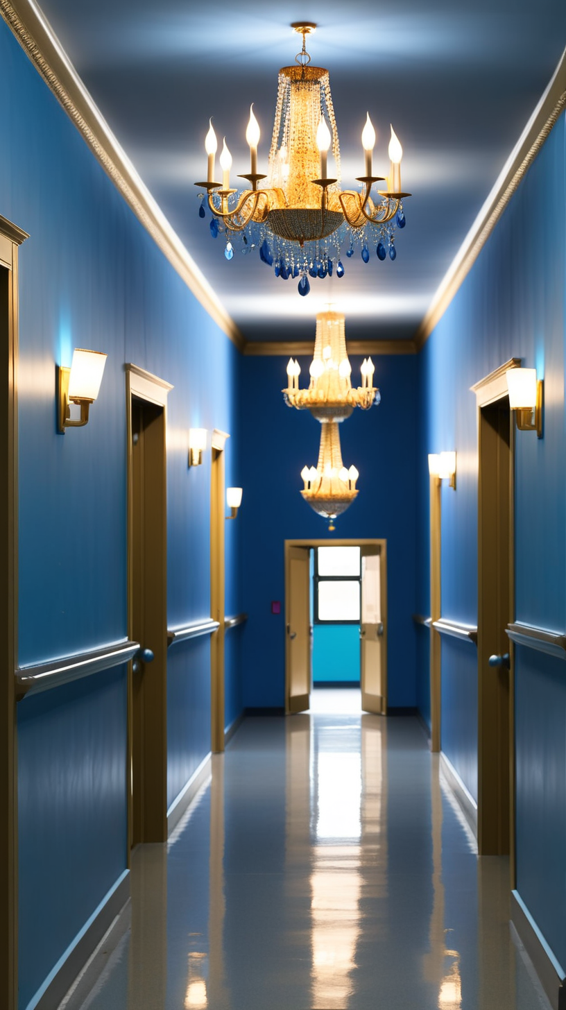 inside a school hallway that has blue walls with golden chandeliers