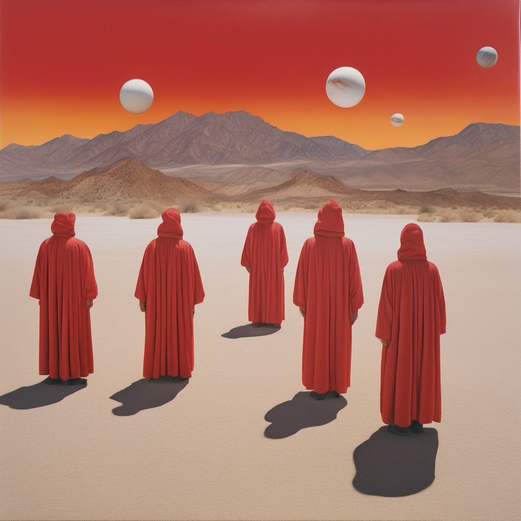 El Ruscha, desert, marble alien orbs, 5 men with red robes
