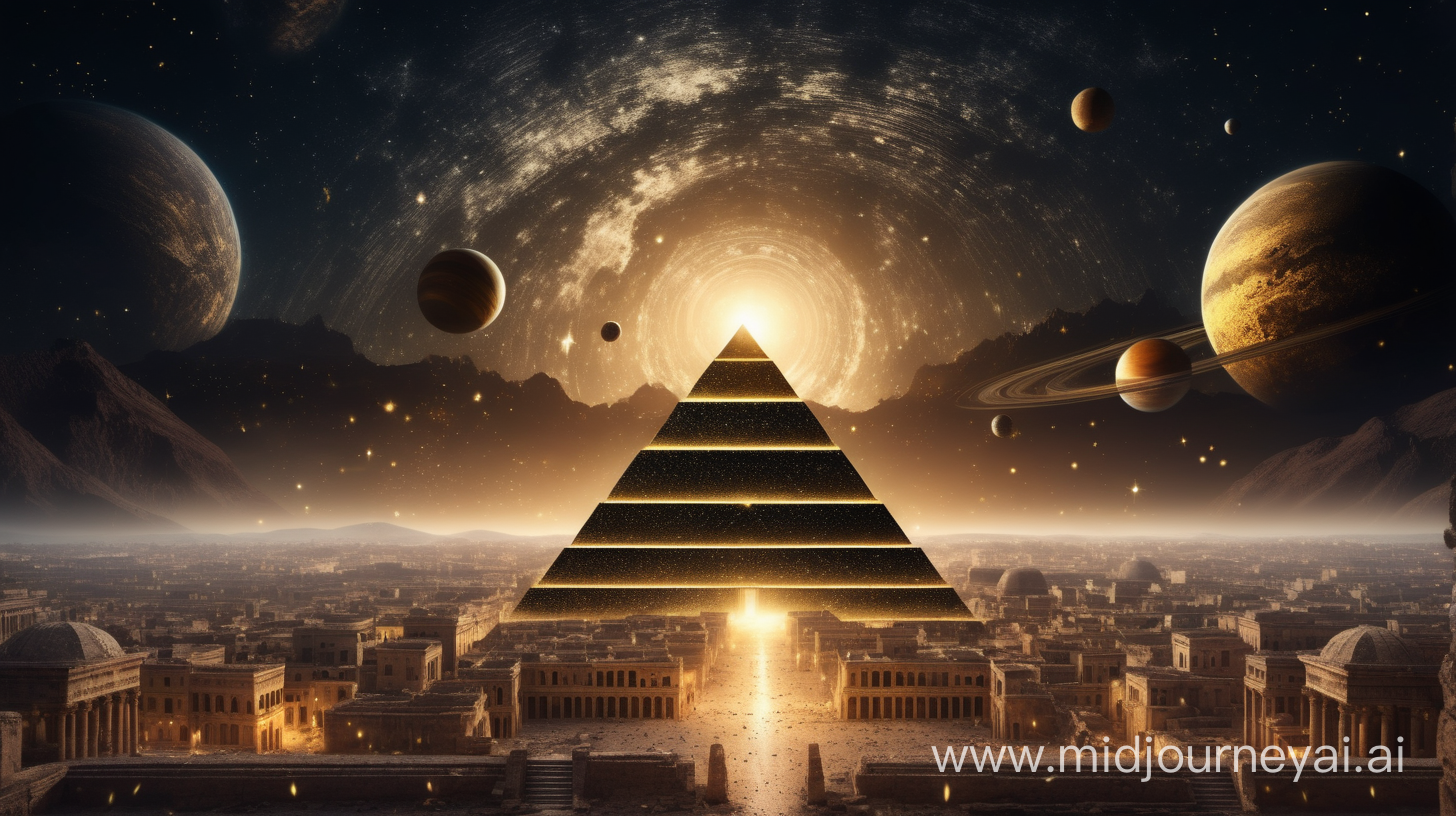 8k image of stars falling on a Beautiful ancient city at night with a Tall black and gold pyramid in the center of the town, above a cracked open cloudy sky showing planets and the universe