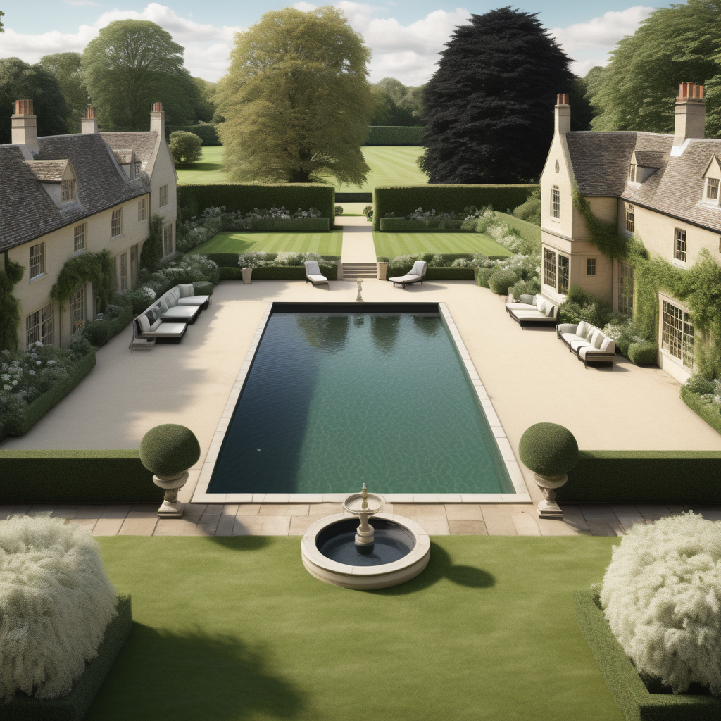 hyperrealistic image of an English country estate pool; lush sprawling lawn and gardens; beige, ivory and black;
