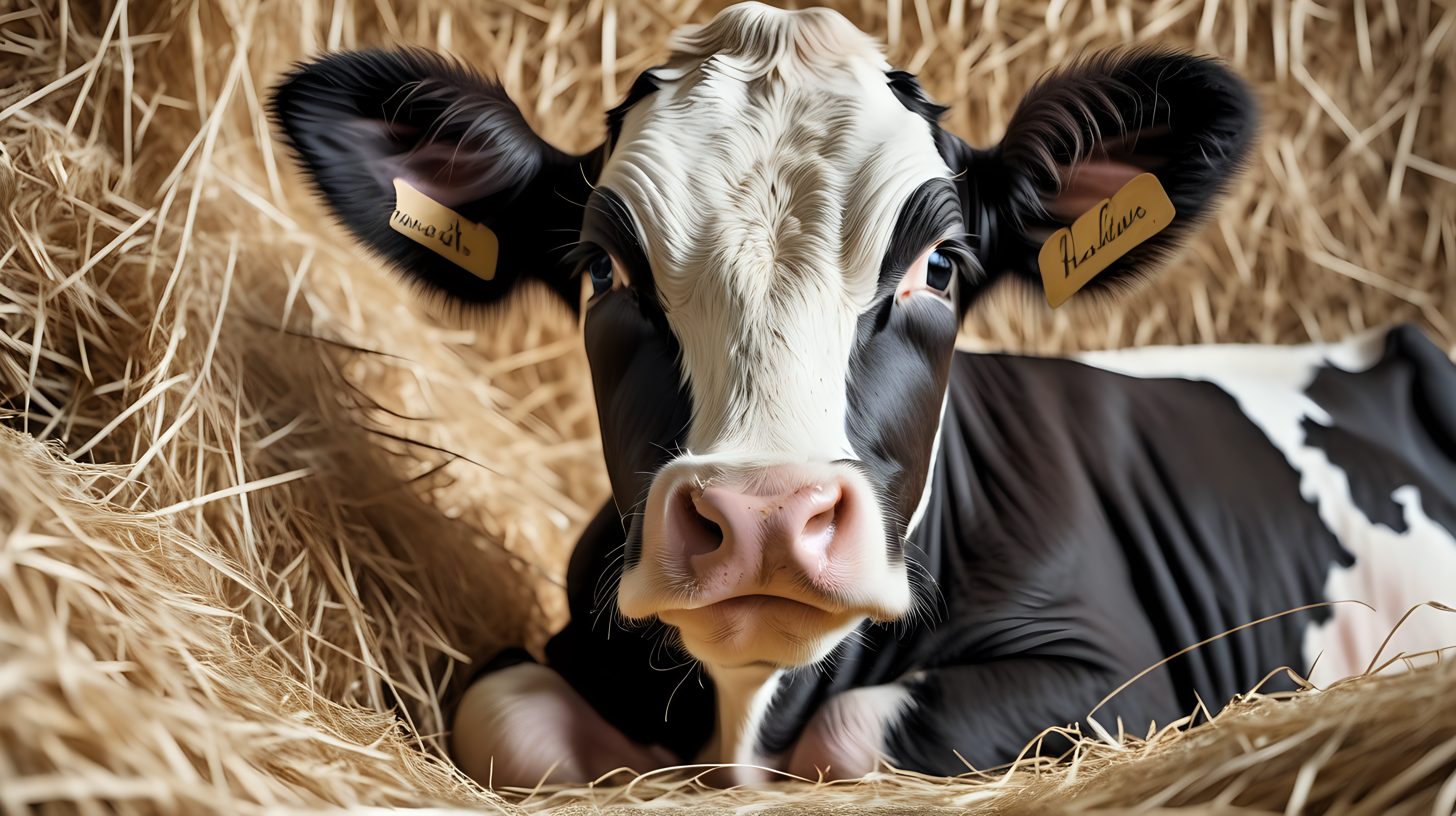 close up of holstein calf in straw, realistic photo