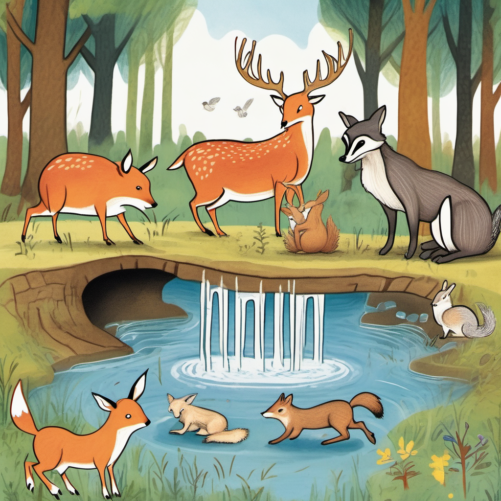 Bild für ein Kinderbuch Rome das Reh im Vordergrund 

an einer Wasserquelle  mit einem Fuchs einem Dachs und einem Hasen 



Eichhörnchen  einem Vogel und einem Kaninchen  im Wald 