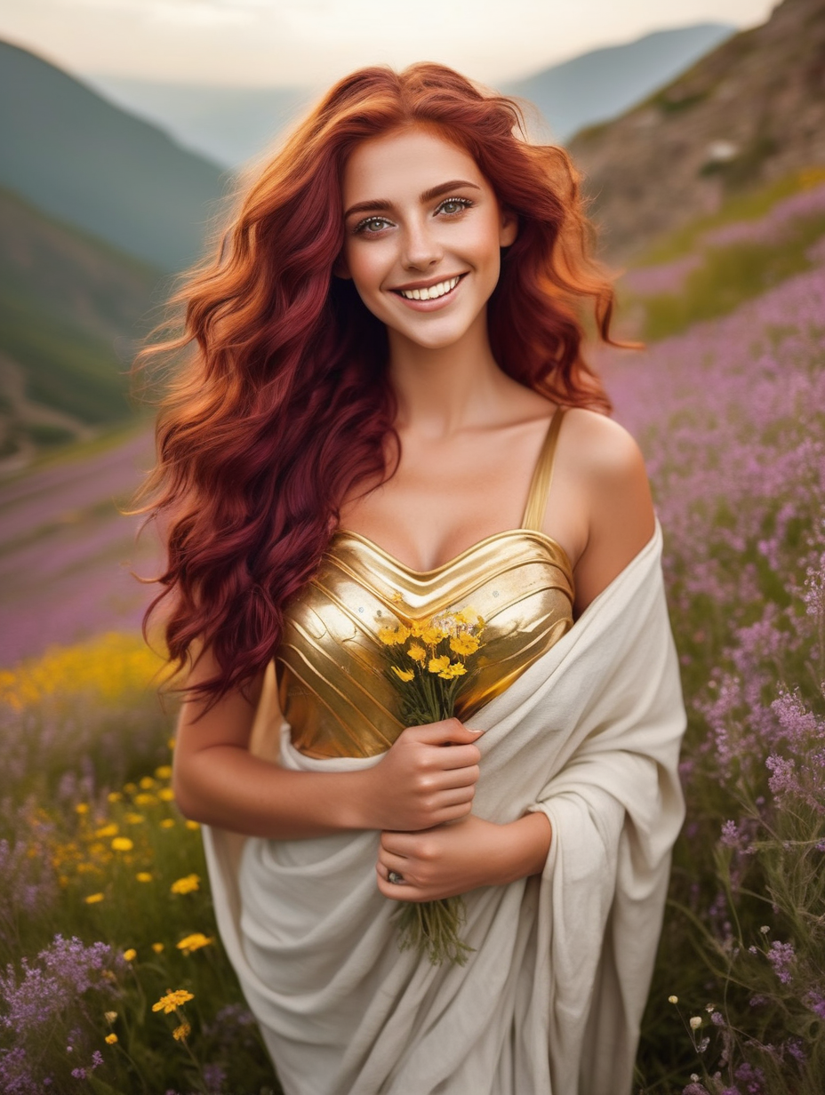 a very beautiful happy woman
wavy maroon hair
a heart shaped face
olive colored eyes
in a valley of flowers
wearing a sparkly golden toga
greek goddess 