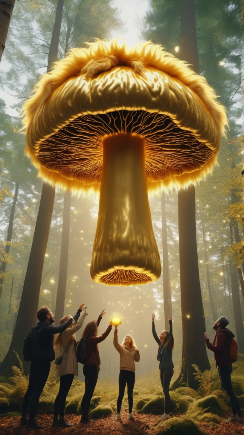 people surrounding looking happy around a glowing golden lions mane mushroom floating above trees in a forest 4k