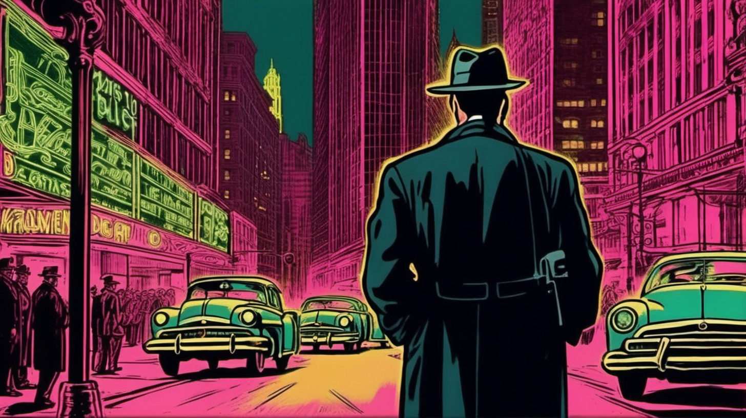 A detective staring at the camera in the foreground on a downtown neon Chicago street circa 1950. Art Nouveau Style.