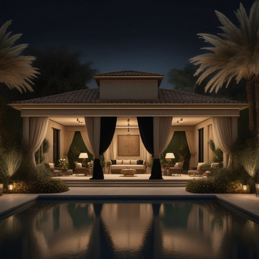 a hyperrealistic image of a grand Modern Meditteranean estate home Cabana with open walls and curtains; Beige, oak, brass, black colour palette; At night with mood lighting; pool; surrounded by large, open, lush gardens
