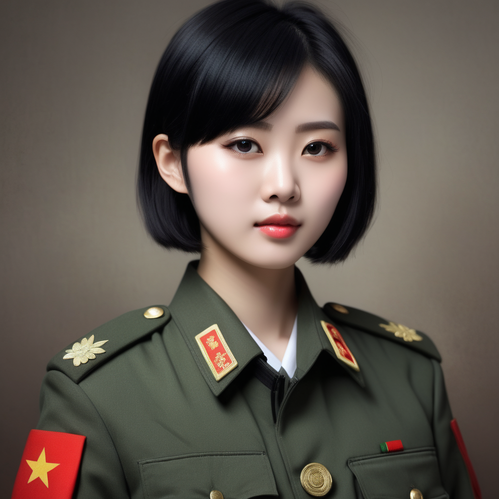 A Chinese female soldierBlack hairShort hairYoung personLarger breasts