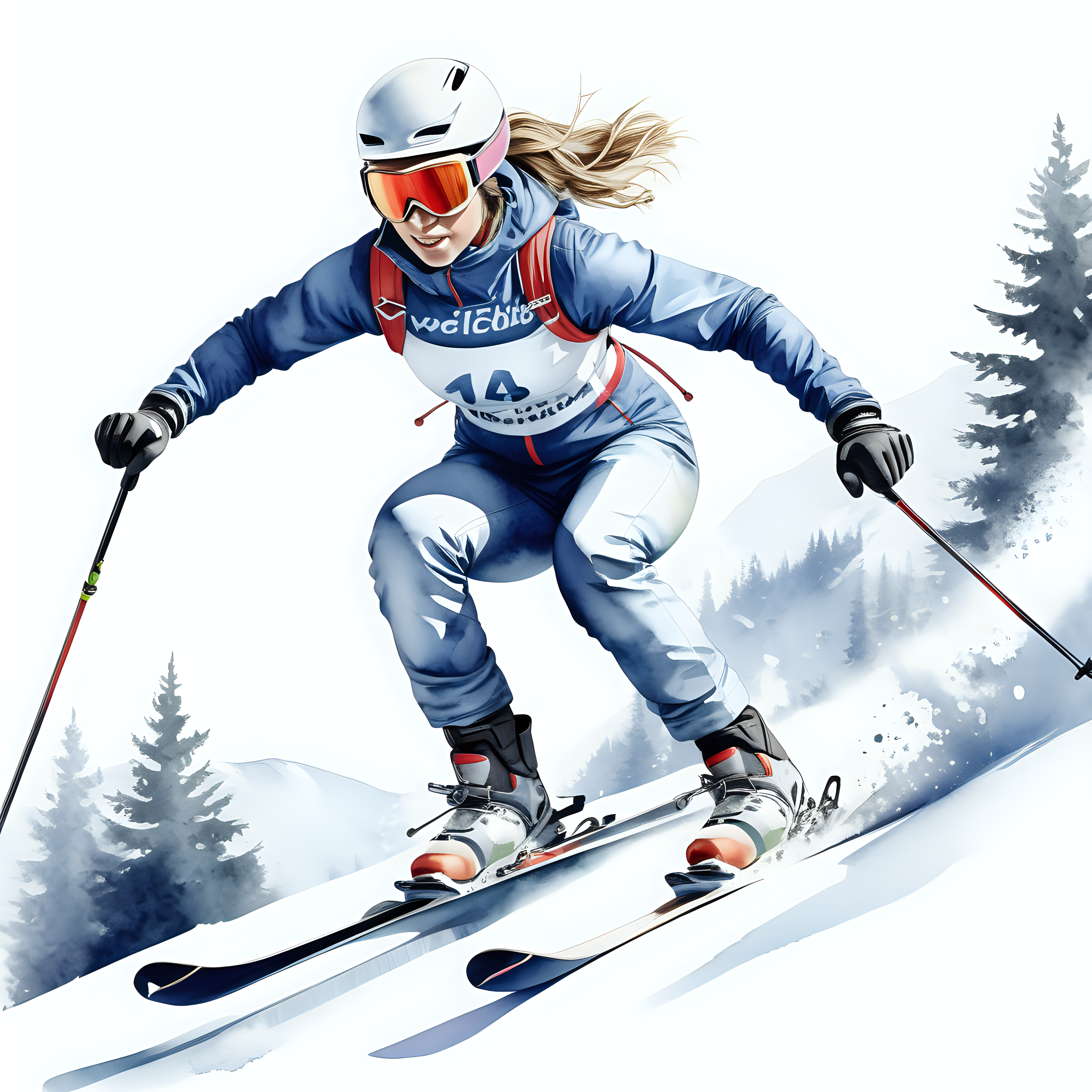 bílé pozadí_vytvoř realistickou ilustraci _detailní záběr na lyžař_žena_ester ledecká_soutěžní oblečení_zimní krajina_sjezdové lyžování__motto_když nemůžeš přidej více_ve stylu akvarelu_reálná postava_