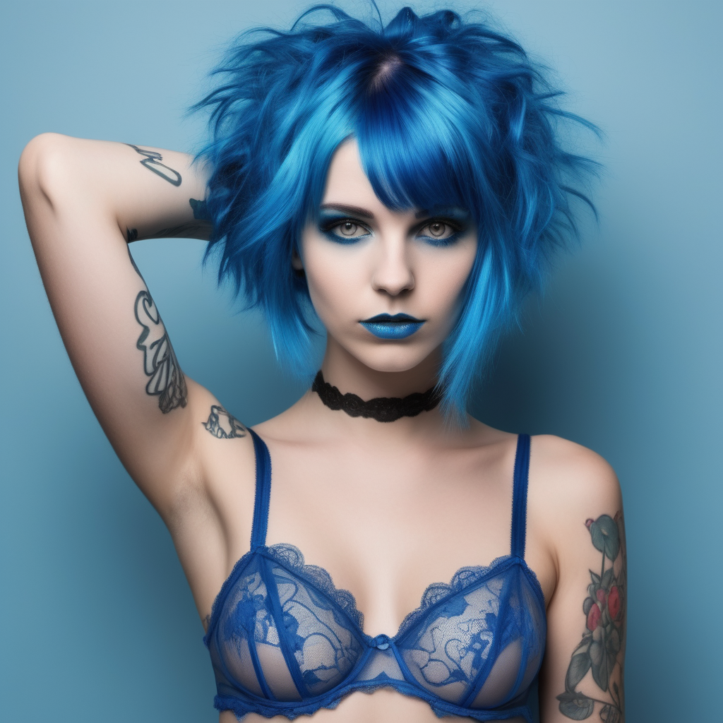 Eine schne Punkfrau mit blauen Haaren in Dessous