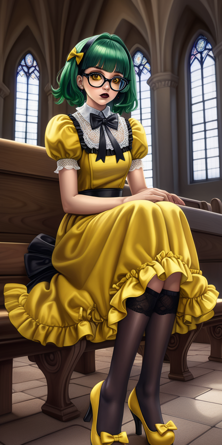 Anime woman with dark green hair and large lips with glossy dark brown lipstick and heavy makeup wearing a frilly yellow dress, black stockings, yellow heeled mary jane shoes, lots of bows and lace, wearing glasses. Nervous expression. Sitting nervously church