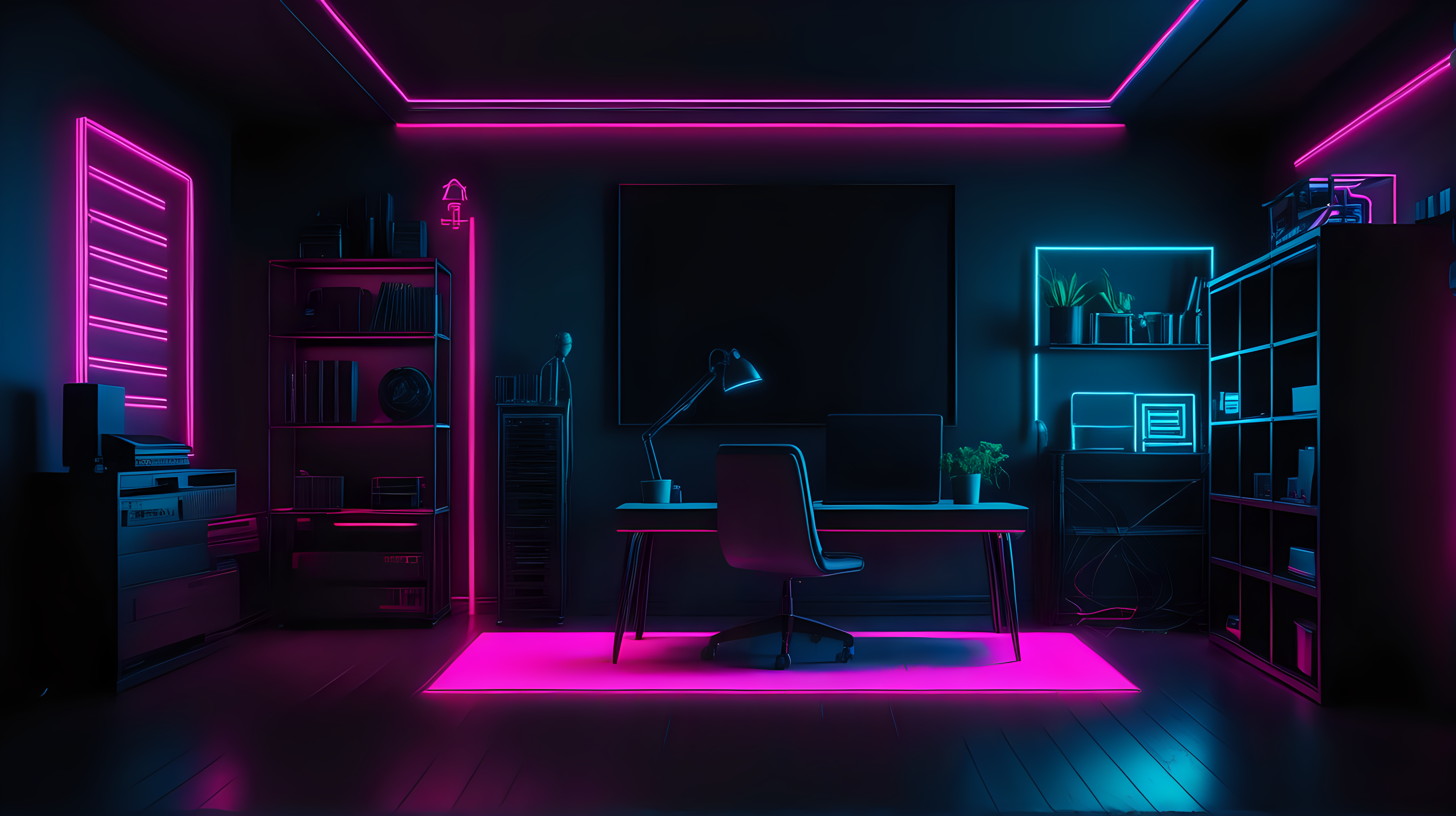 Dark minimalistic neon light room with some furniture background for cybersecurity hacker online course