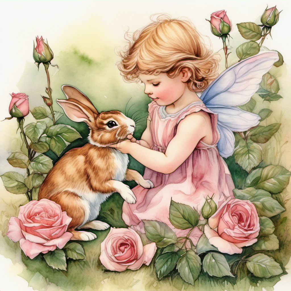 a watercolor rose flower fairy in the style of Cicely Mary Barker petting a baby rabbit.  They are both surrounded by roses and greenery. The baby rabbit is cute and shows a curiosity and a friendly nature. 