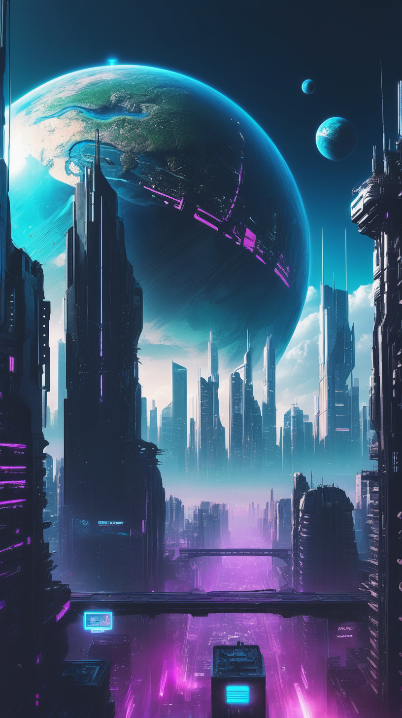 Cyberpunk city skyline planet on the sky