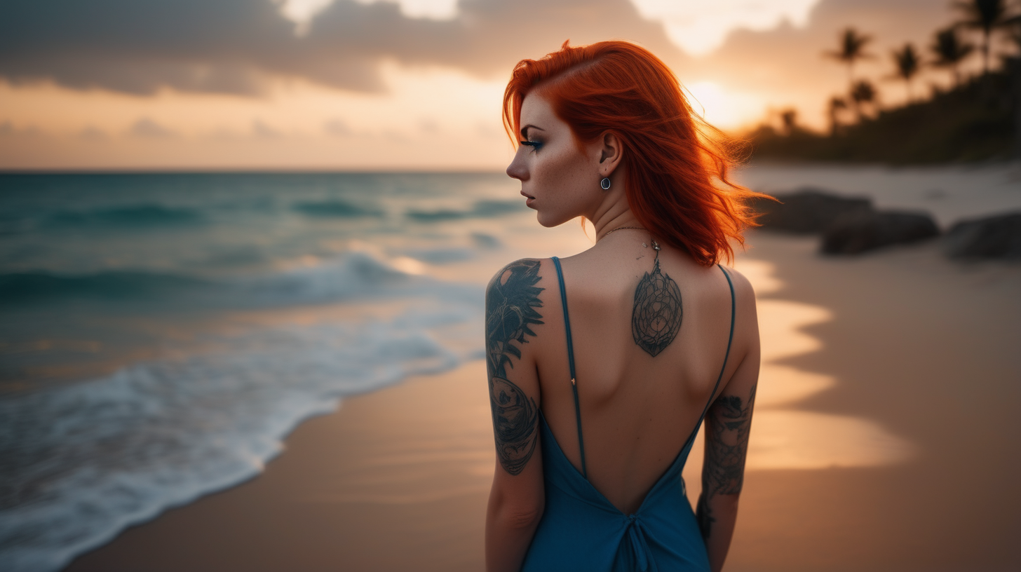the photo is taken in a tropical beach, sunset. Only one girl is standing, She has her back to the camera and turns her head looking to the see. The girl is wearing a short blue alluring dress that reveals her body curves, redhead straight hair, she has a nose piercing and a wolf tattoo on her back. The lighting in the portrait should be dramatic. Sharp focus. A perfect example of cinematic shot. Use muted colors to add to the scene.