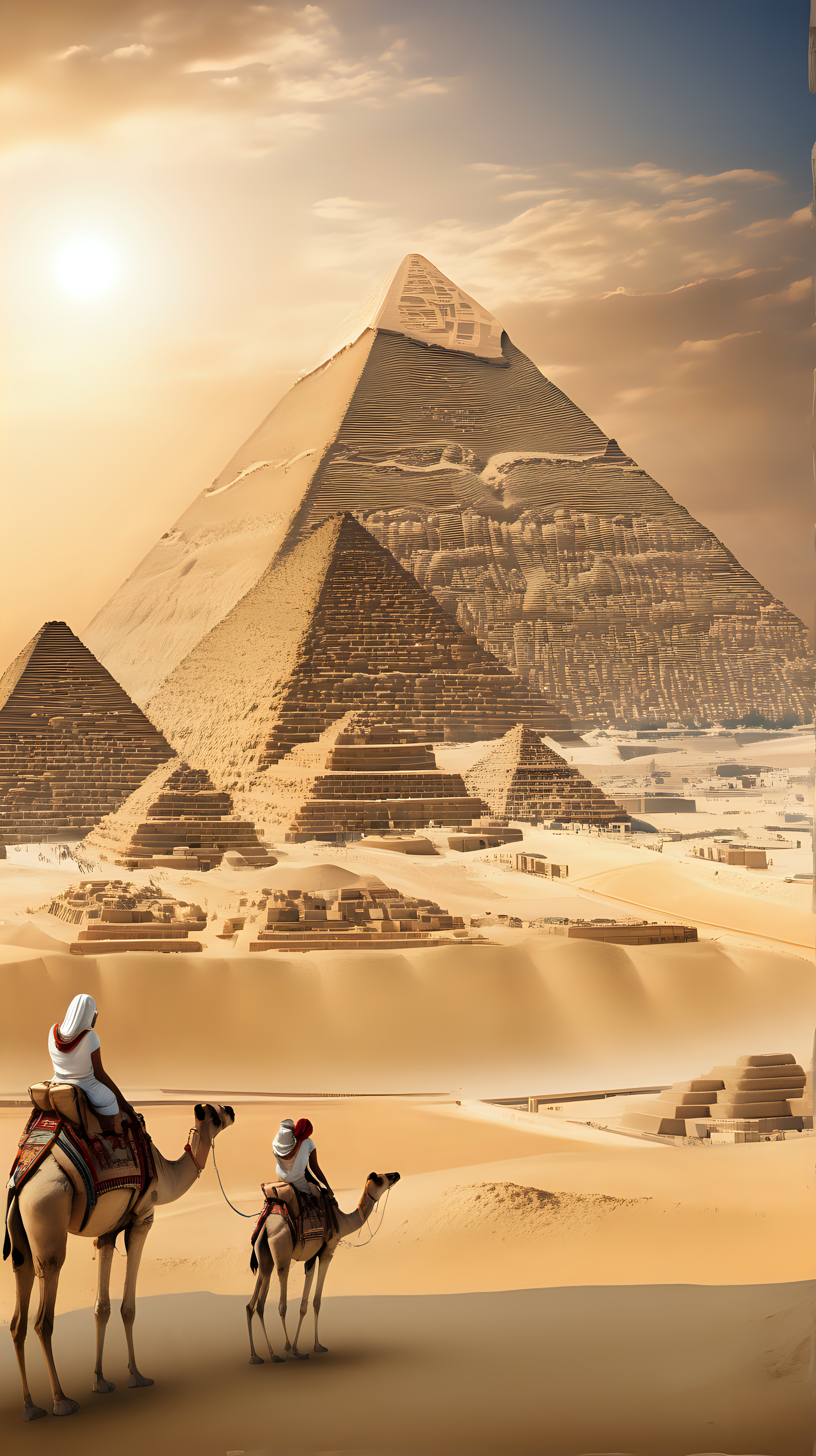 Imagine we're prompting, an enchanting trivia background featuring the majestic pyramids of Giza. Showcase the ancient wonders with intricate details using a high-quality camera model and lens. Illuminate the scene with balanced and natural lighting, creating a universally usable and visually stunning composition for an immersive geography trivia backdrop.