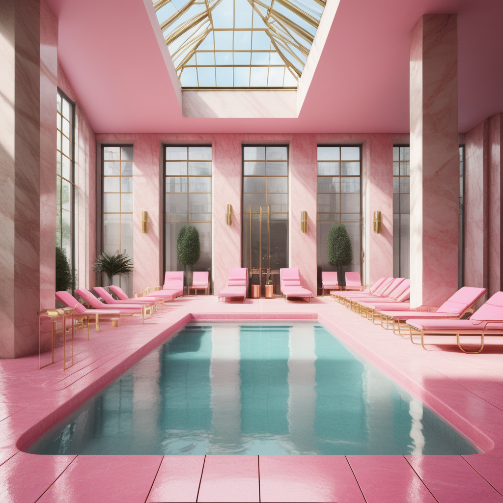 hyperrealistic image of modern Parisian indoor pool sunbeds