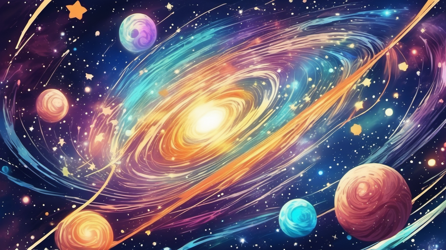 in manga anime style a universe full of bright and shiny stars with swirls of intergalactic dust that is all different colors, similar to NASA photos