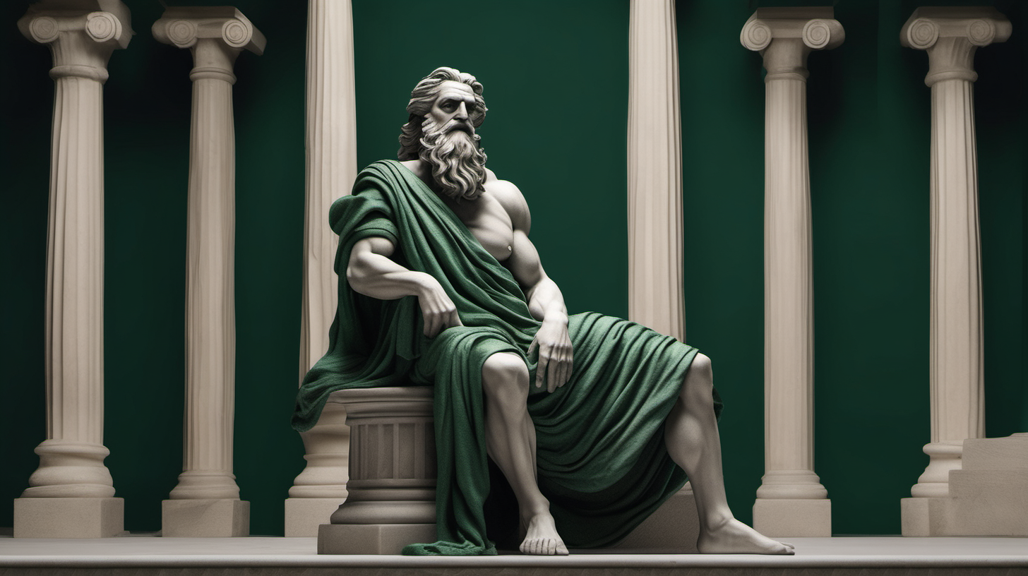 Create a visually stunning and detailed AI-generated image of a Greek-inspired old man statue sitting on the stairs of a palace carved from dark green stone, featuring muscular physique, long flowing hair, a beard, and draped in a single cloth that elegantly hangs from one shoulder."
also dark green background.