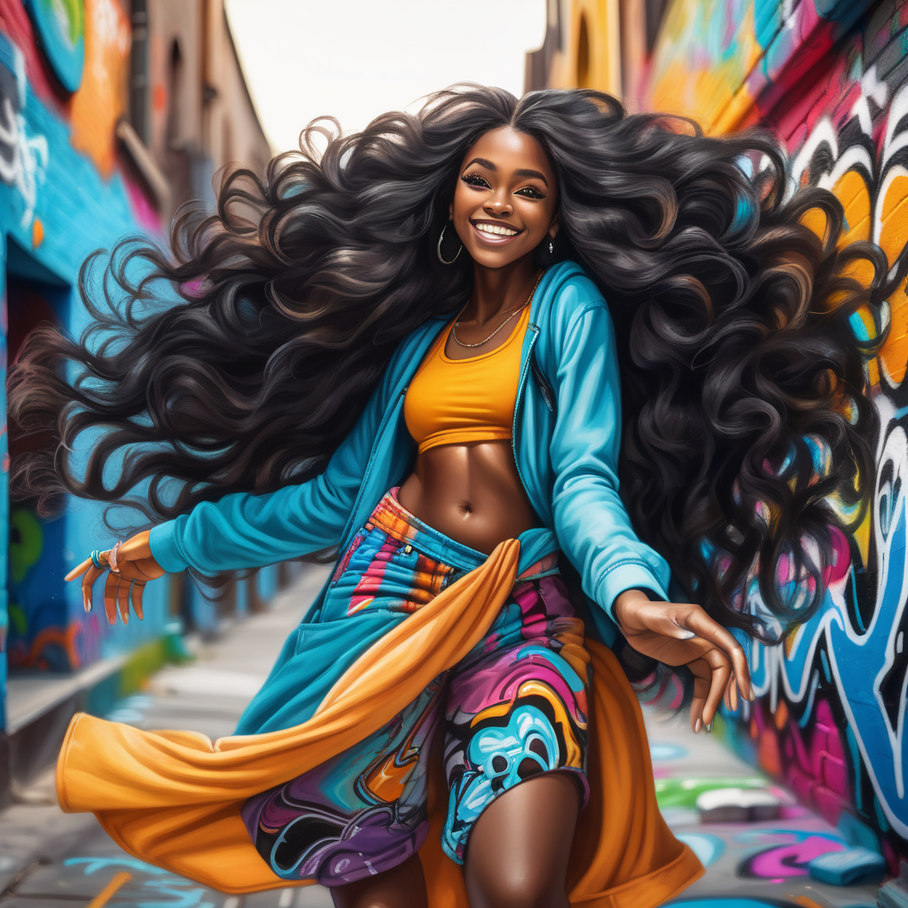 Beautiful young dark skin black woman with long flowing hair and bright colorful flowing clothes, looks back playfully at camera with smile while dancing in grafitti art style