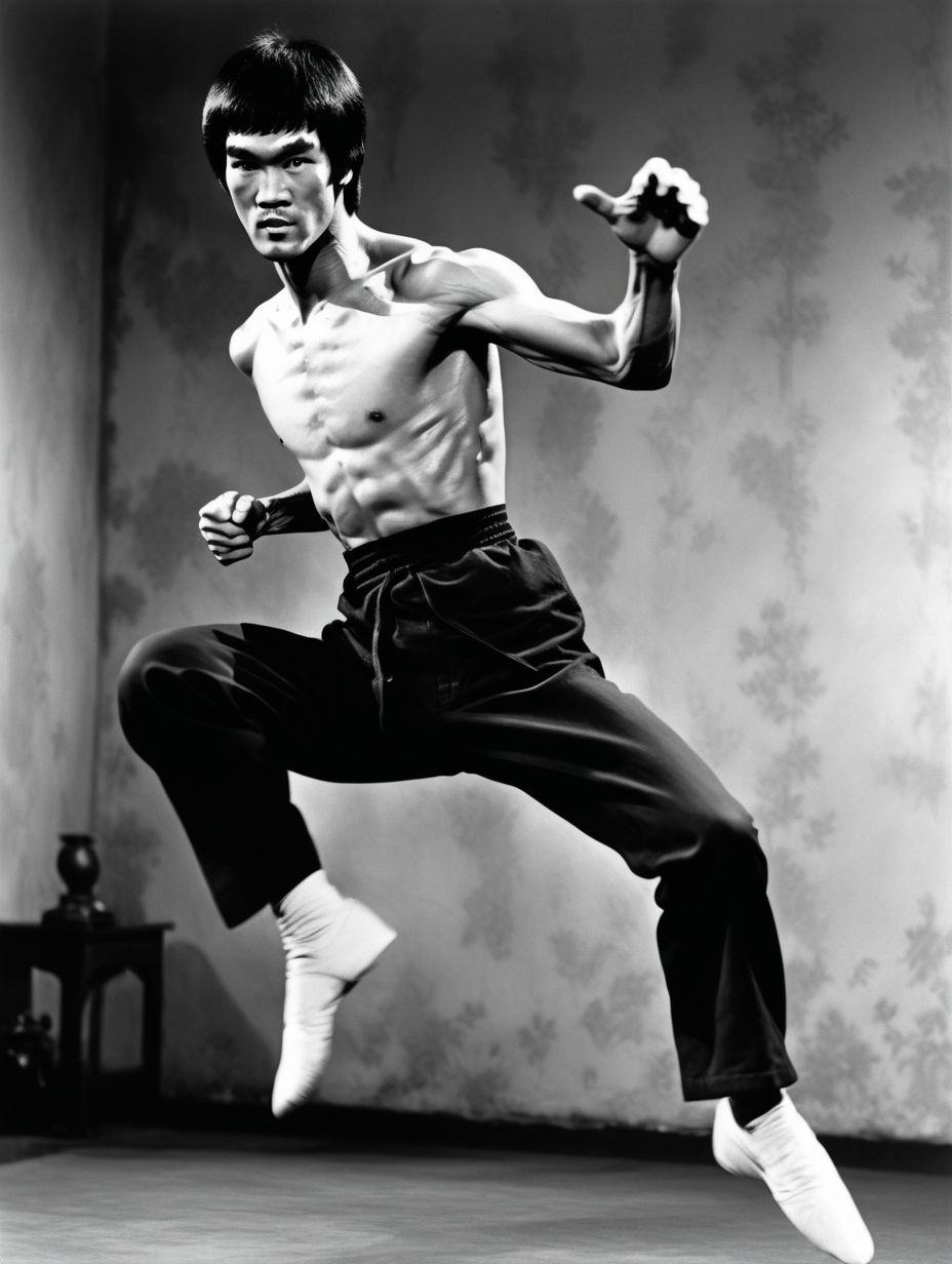 Bruce Lee doing a flying kick