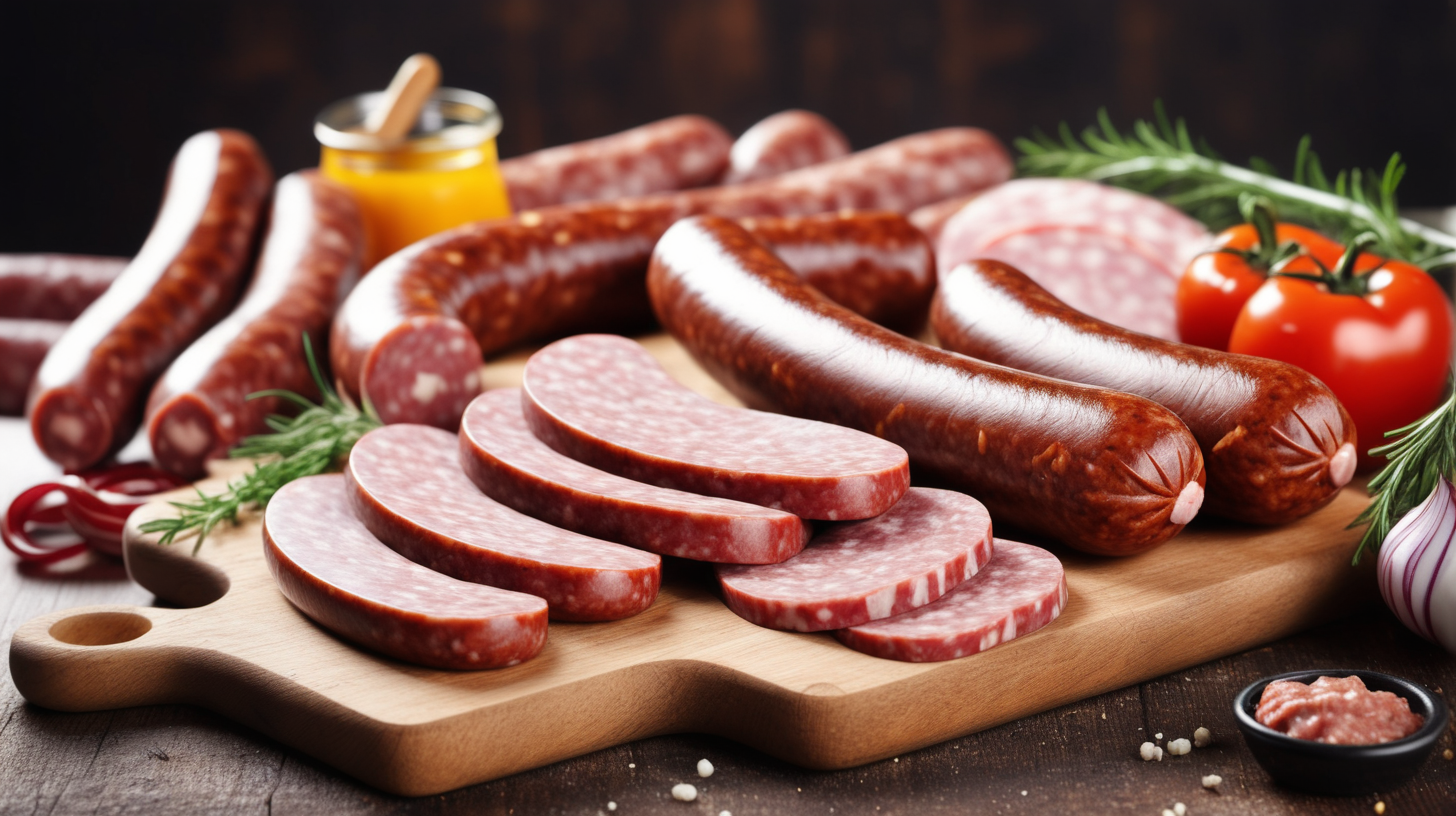 Variety of sausage products on cutting board copy