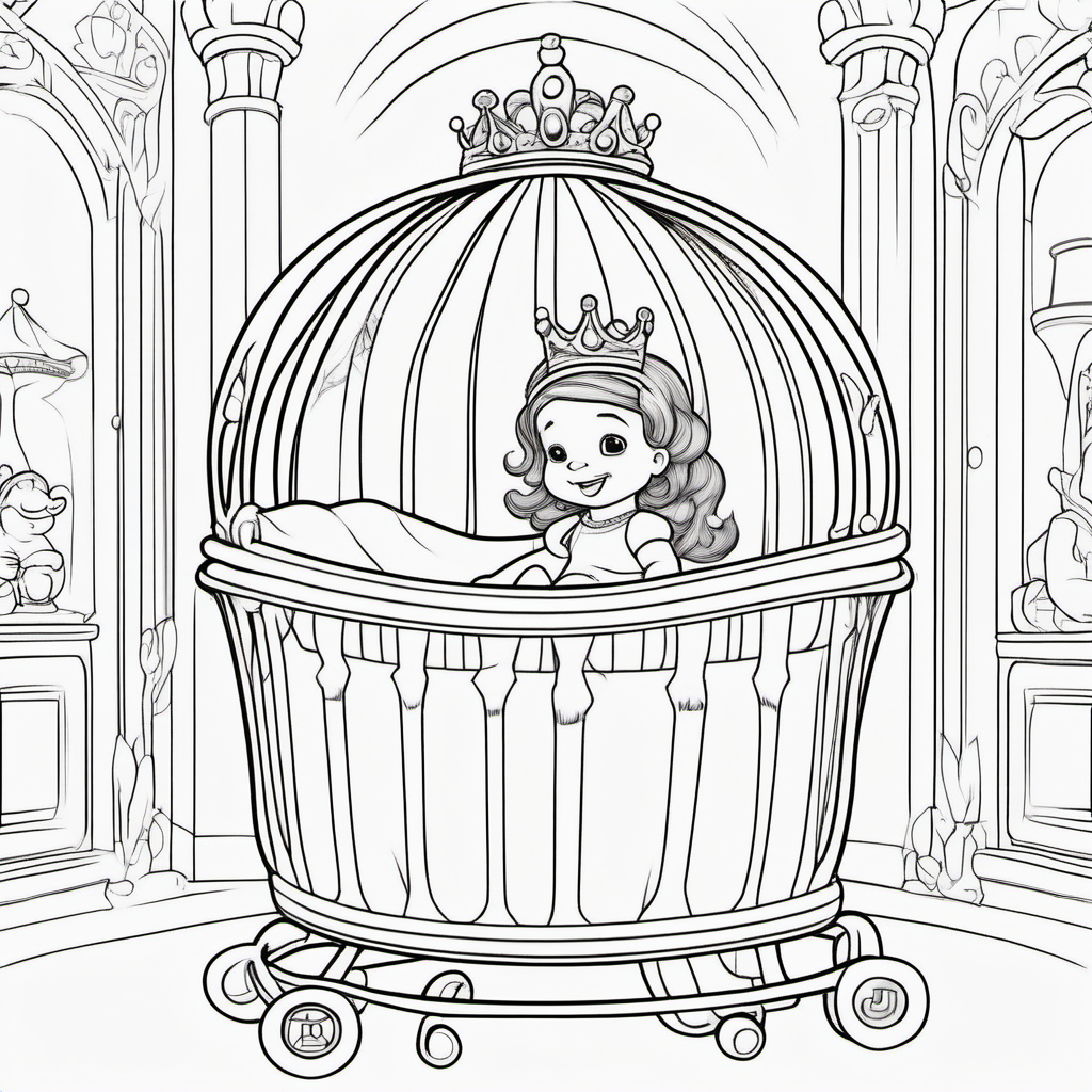 coloring pages for young kids, a baby princess wearing a crown in her royal bassinet  inside her royal nursery inside a castle,cartoon style, thick lines, low detail, no shading  