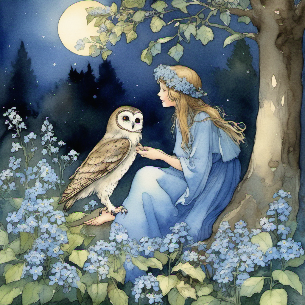 a watercolor forget-me-not flower fairy in the style of Cicely Mary Barker talking to a wise old owl under the moonlight.  They are both surrounded by forget-me-nots and greenery. The wise old owl is sitting in a tall tree and looks very serene and full of wisdom.
