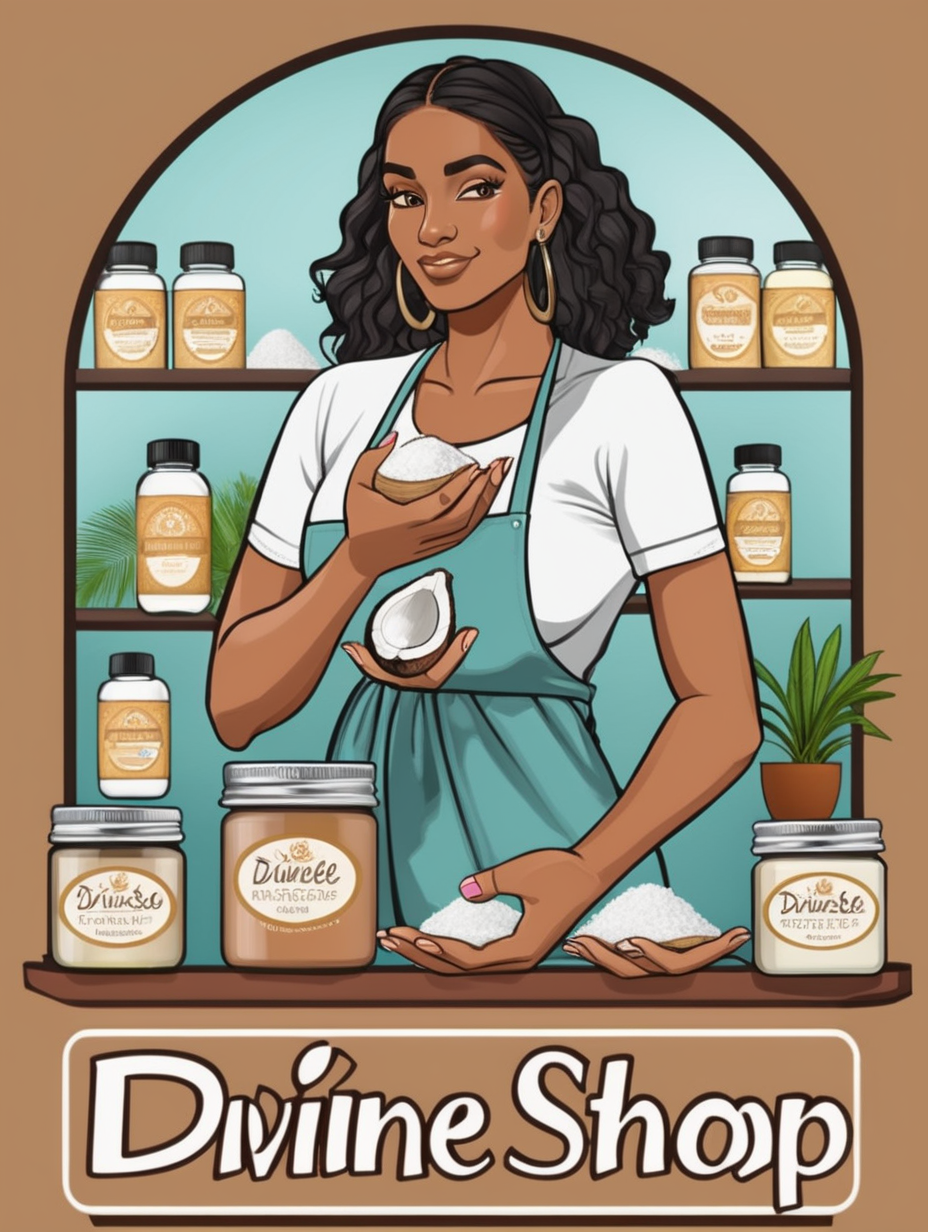  I need a logo for my business 
the exact spelling "DivineFreestyleShop" for my 'natural soap' products and jars of  garlic and coconut oil with a Latina brown skin female holding the product  in front of the store 