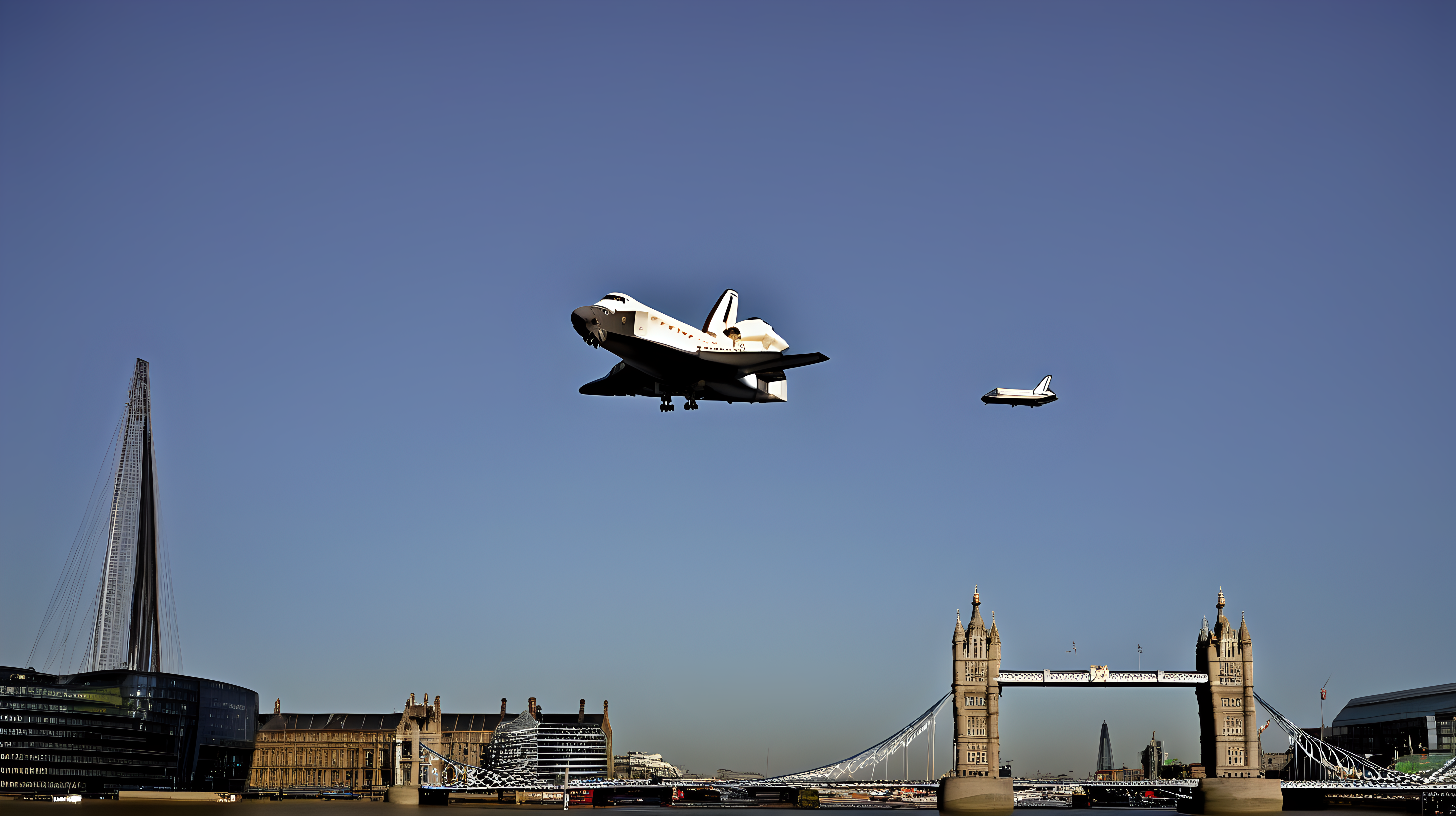 space shuttle flying over London Bridge