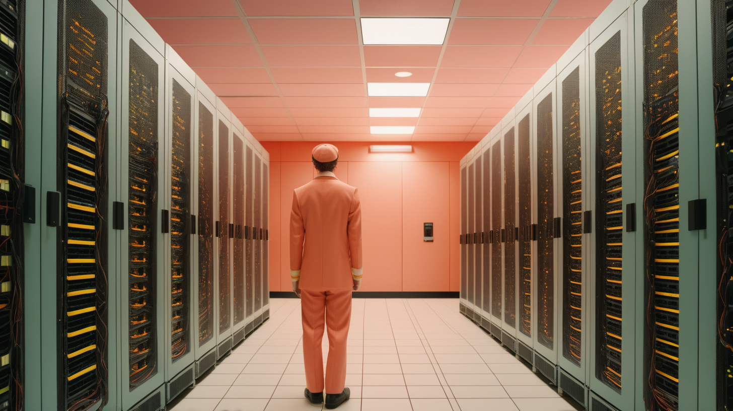 close up, high quality photograph of a servers in a data center in the style of a wes anderson movie
