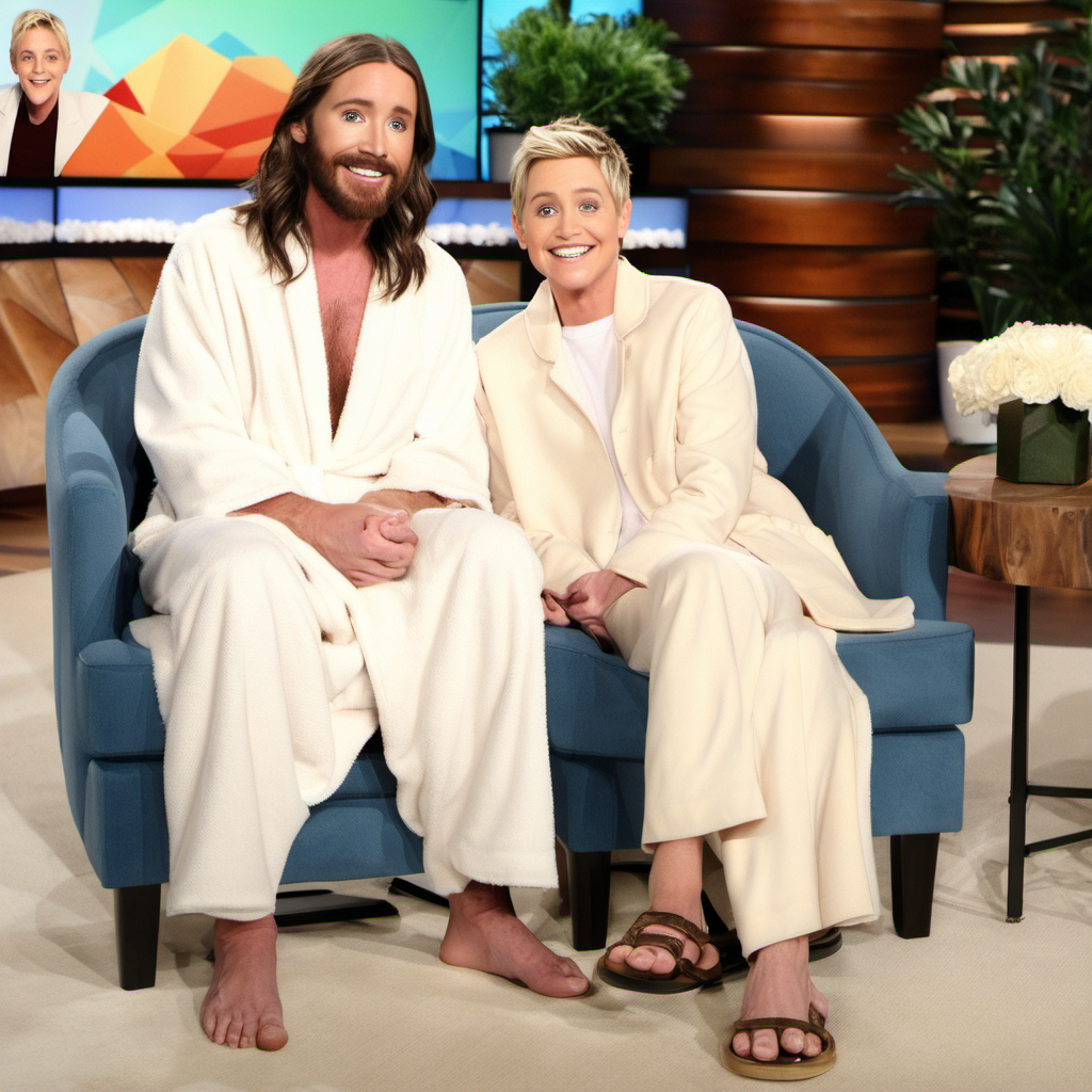 Jesus in a robe sitting with Ellen on