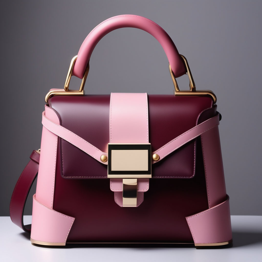 contemporary innovative style inspired luxury leather bag - one handle - metal buckle - color contrast  borders - Burgundi and pink shades