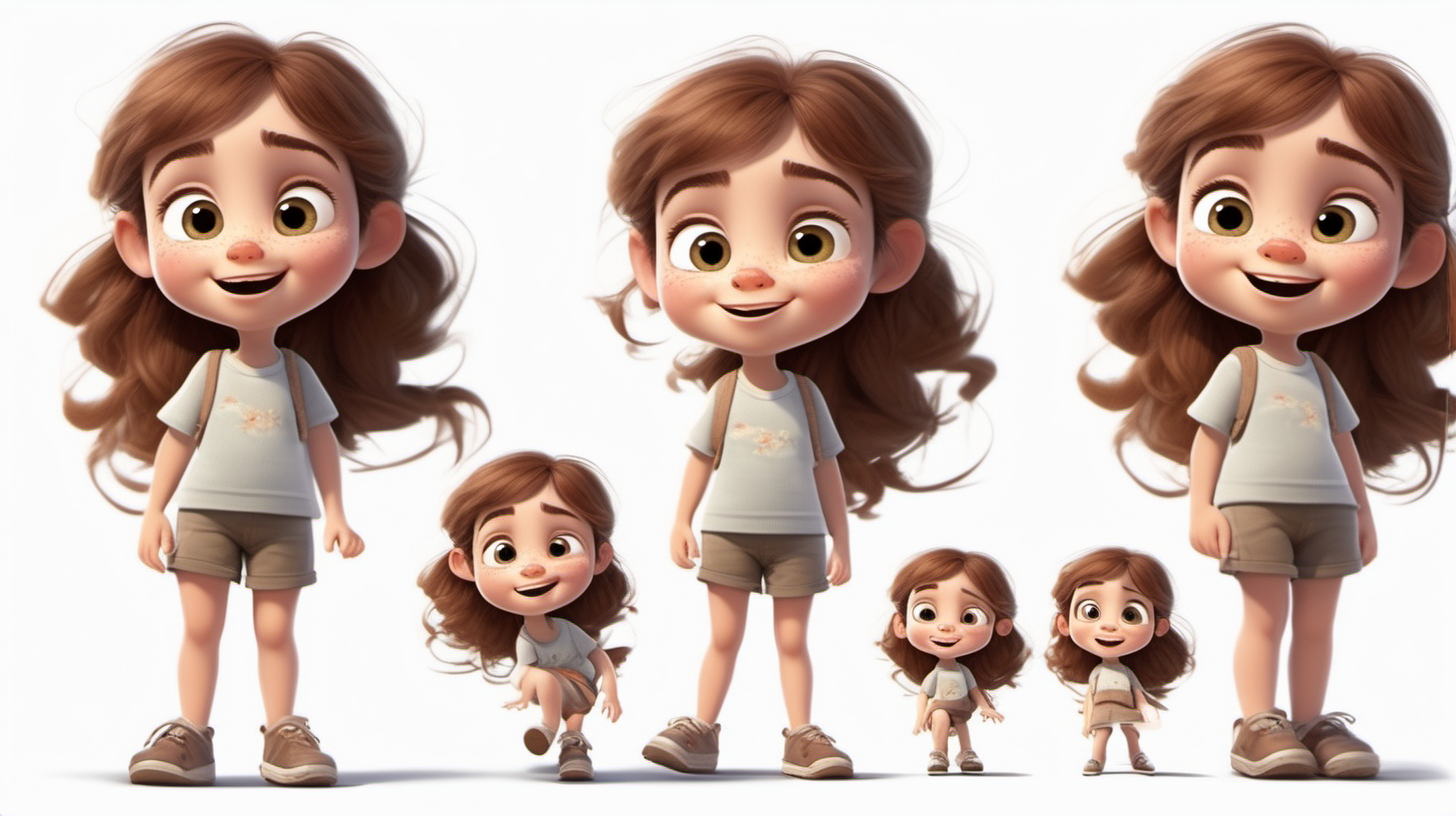 imagine 5 year old short girl with brown hair, fair skin, hazel eyes, use Pixar style animation, use white background and make it full body size, multiple expressions and poses, character sheet