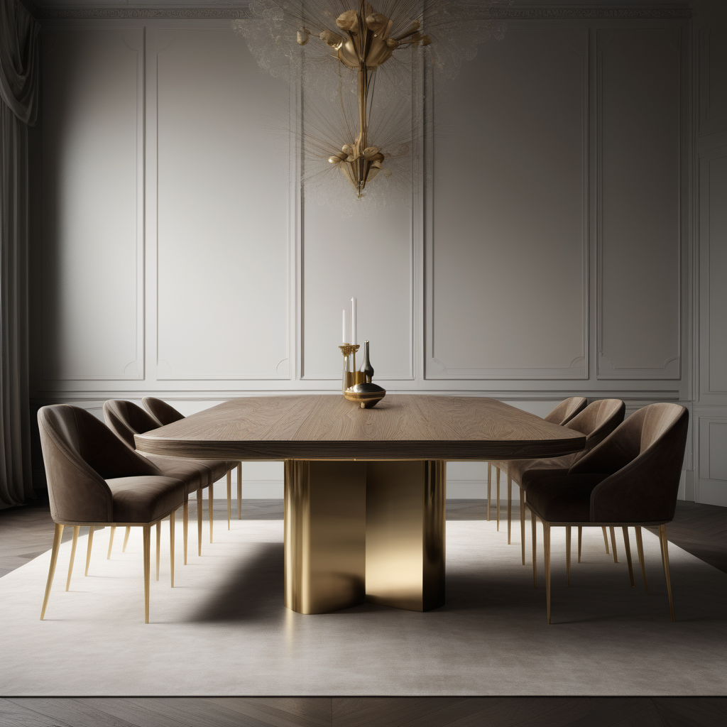 a hyperrealistic image of a modern elegant dining table in oak brass
