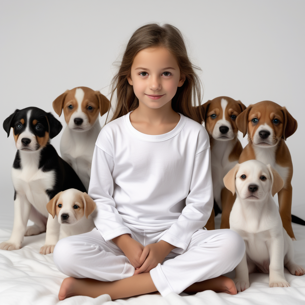 “Perfect Facial Features photo of a cute 10 year old girl sitting in  white cotton tshirt pyjama with no print, long  tight cuff sleeves, loose long pants) ,surrounded by different puppy's, no background, hyper realistic, ideal face template, HD, happy, Fujifilm X-T3, 1/1250sec at f/2.8, ISO 160, 84mm”