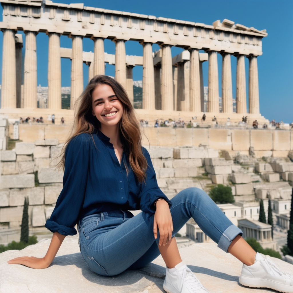 Using the same setting and attire, produce a smiling Emily Feld dressed in a long, dark blue blouse and jeans,  sitting a rock on the Acropolis in front of the Parthenon