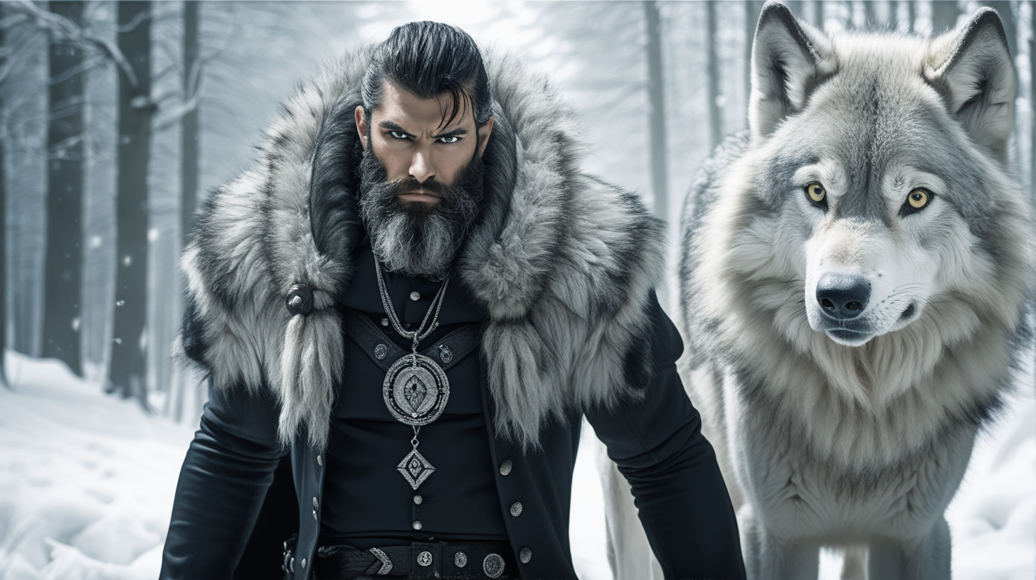 Powerful man with wolf, huge white wolf, powerful man with white wolf, man with beard and beautiful long black hair, crystals and sound waves,
