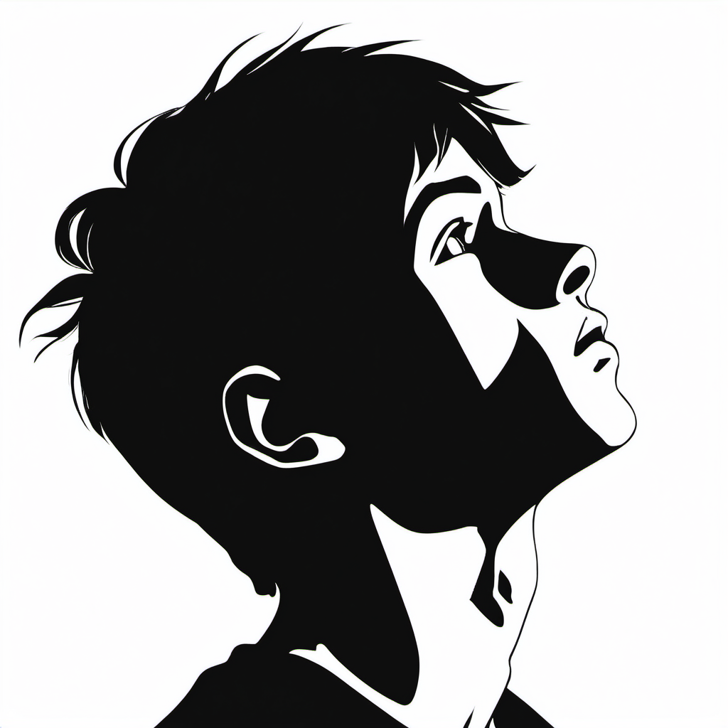 closeup silhouette biblical teenage boy 17 years old looking up from behind with white background
