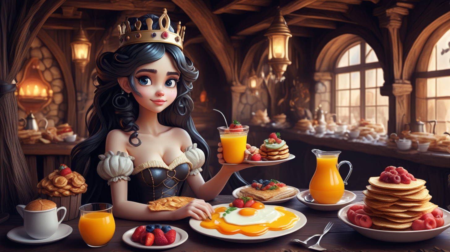 dark fantasy style cute beautiful Princess made of breakfast food in a fantasy style tavern having breakfast