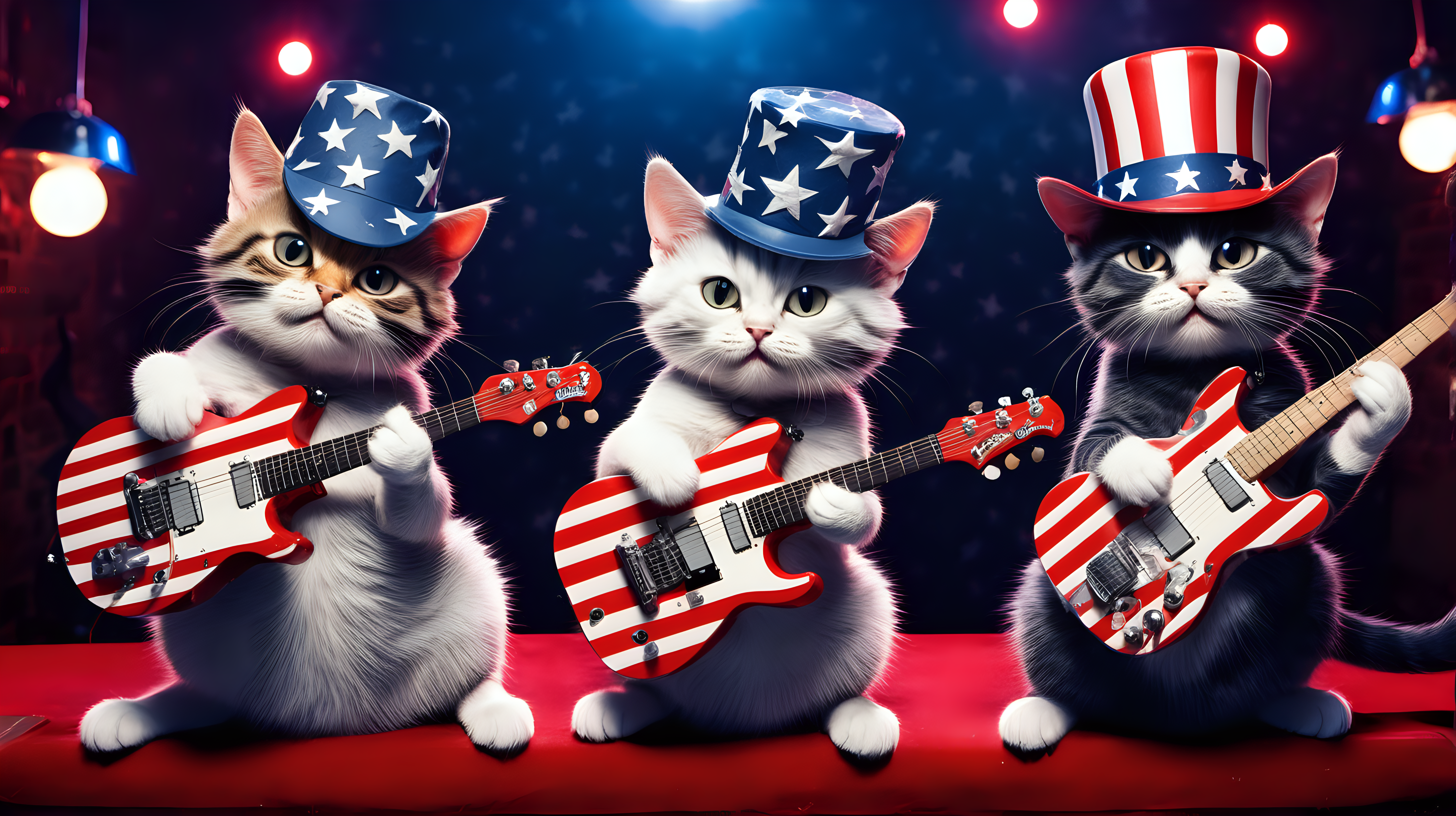 3 cats in hats playing stars and stripes guitars playing in a night club