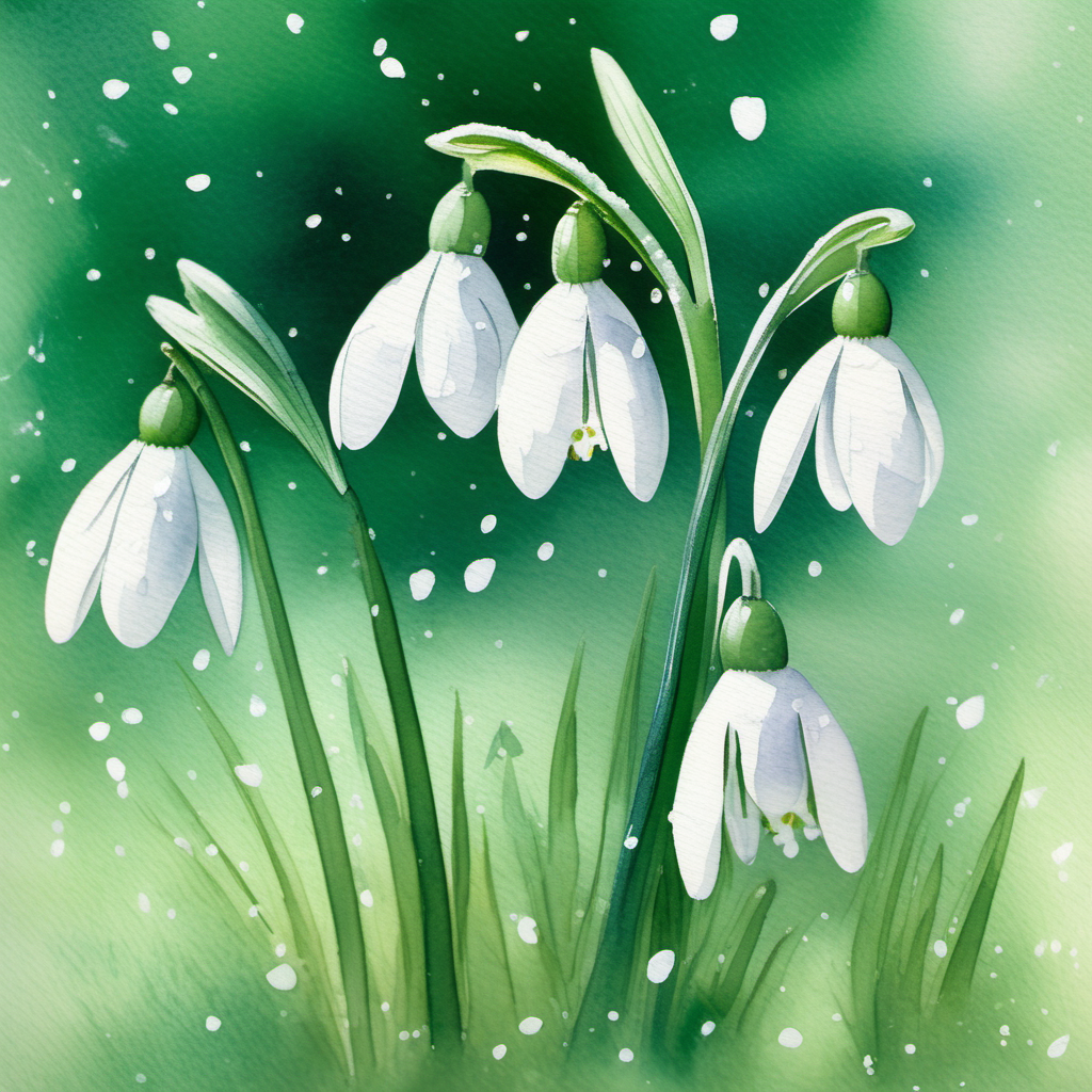 watercolour snowdrops on green background, falling snow, natural colour palette, soft focus