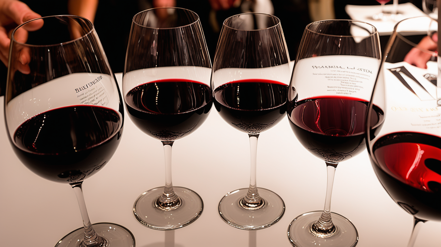 A flight of red wines at a tasting