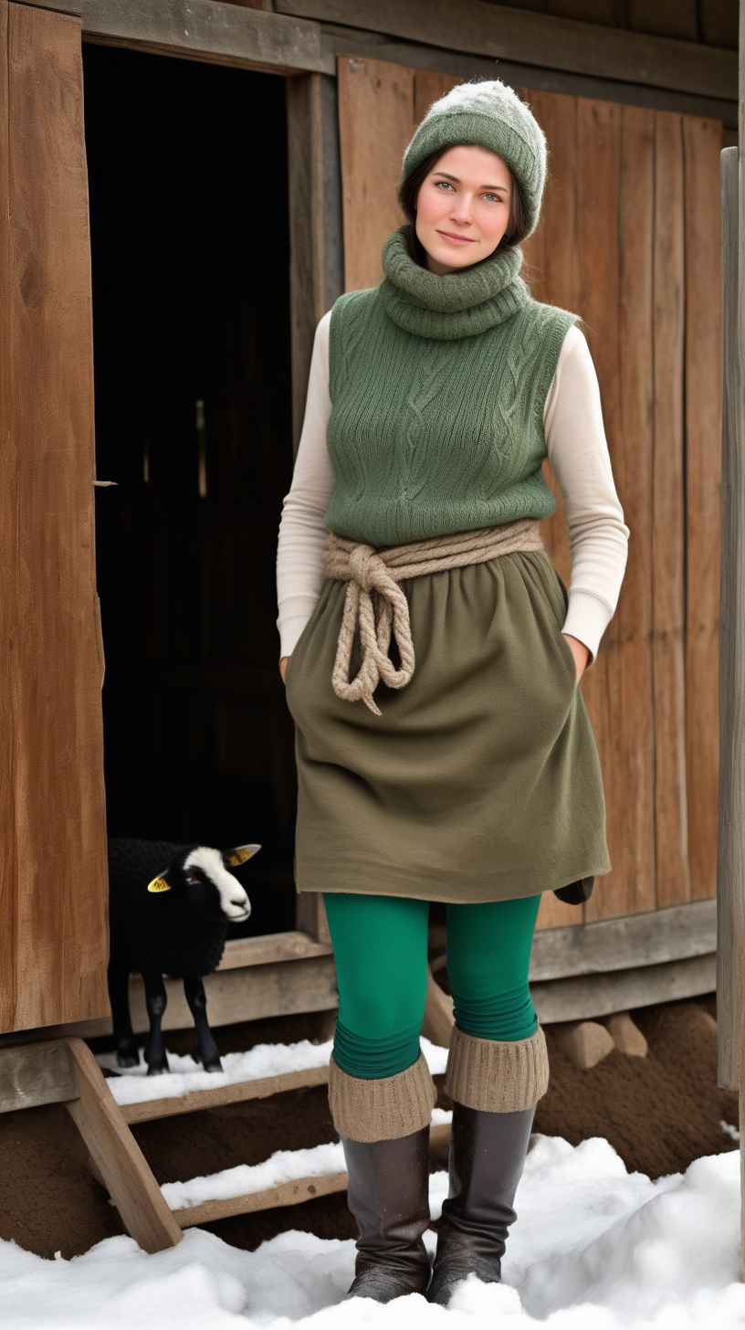 A beautiful peasant woman with long black hair and green eyes works in the pen in front of the barn. The peasant woman wearing black pair of gardening shoes.Around her are seeps- black and brown. Earth is transformed in deep mud mud. The barn is surrounded by a fence of old wooden posts and wire mesh. It's winter, everything is covered with a thick layer of snow. Mud and snow mix. Brown coarsely knitted woolen socks stick out from them - up to the middle of the leg and. On top of them, to keep her warm, she has put on green - brown, very wrinkled and crumpled woolen knitted gaiters. It is worn with thick elastic leggings, over it there is a short knitted skirt in black and brown. A chunky brown-gray wool sweater with a chin-high collar is snug around her. over it she wore an off-white furry sleeveless sweater with a triangle neckline. Above all this is a open short quilted waistcoat in green. On his head he wears a thick knitted woolen gray hat . He also has a thick scarf sloppily draped around his neck. He also wears gray knitted woolen gloves. across the waist, a thin hemp rope is wrapped 6-7 times and tied with knot.