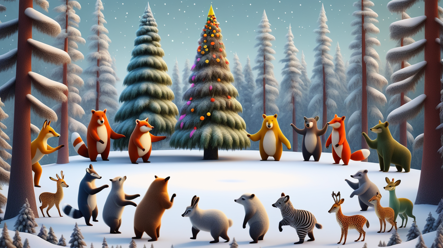 В лесу зима, деревья покрыты пушистым белым снегом,  стоит одна высокая и нарядная елка в середине круга, вокруг нее  взялись за руки и танцуют 30 разноцветных  диких зверей