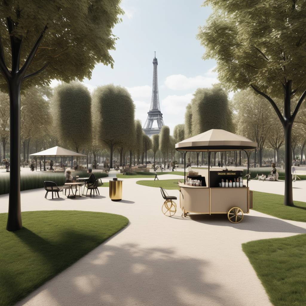 hyperrealistic modern Parisian park with coffee cart and grand playground on lawn; beige, oak, brass and black colour palette


