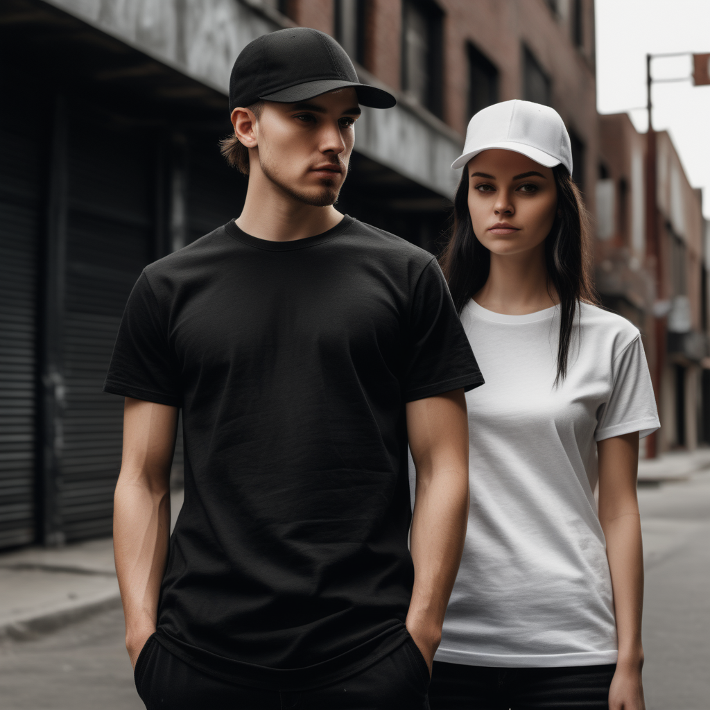  image mock up featuring a man and a woman wearing a black shirt and a white shirt. Both are wearing plain black caps. urban setting. Grunge urban vibes. 