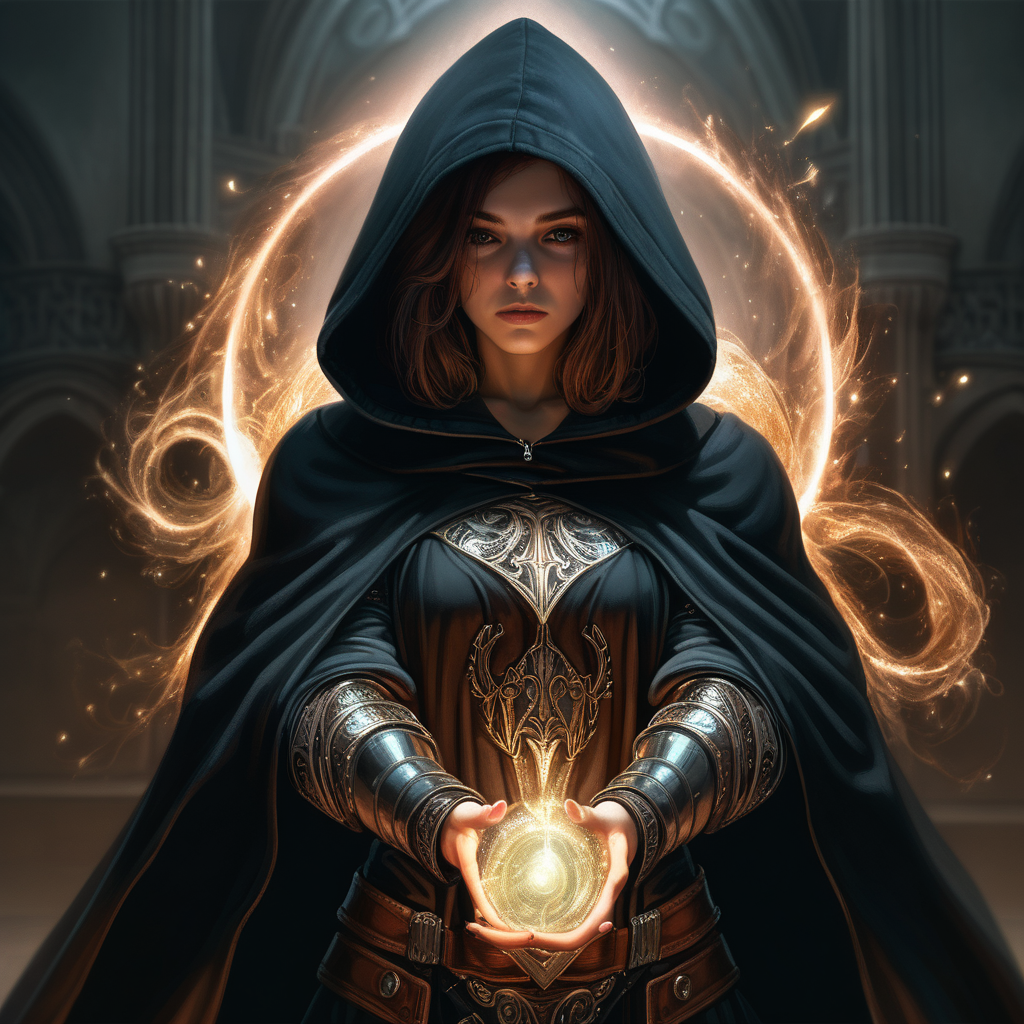 smart woman with a dark hooded cape wearing armor and uses magic